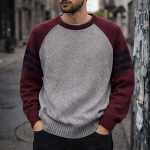 Vintage 90s J.Crew Crewneck Sweater Varsity Stripe Men's Large Gray Burgundy